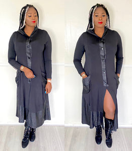 Black faux leather Contrast Long Sleeves Dress