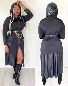 Black faux leather Contrast Long Sleeves Dress